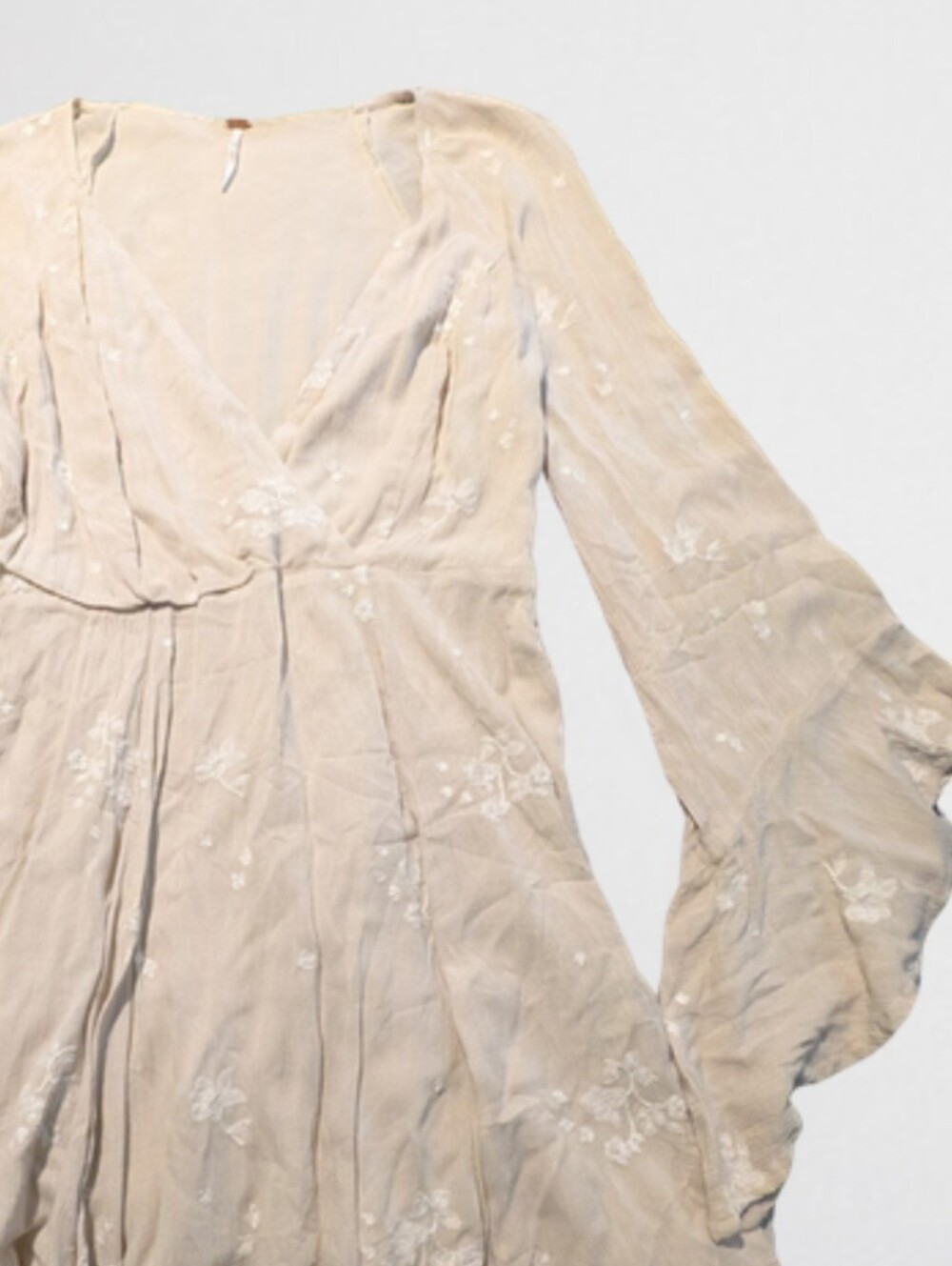 Free People Jasmine Embroidered Dress Boho Bell Sleeve Mini Dress Cream Size 4